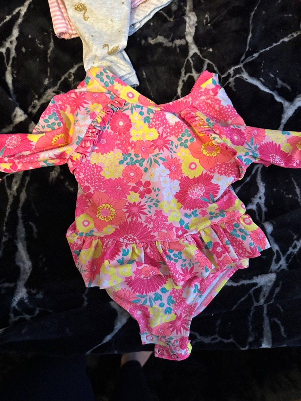 Girls Floral Ruffle Long Sleeve One-Piece Swimsuit - Pink & Yellow